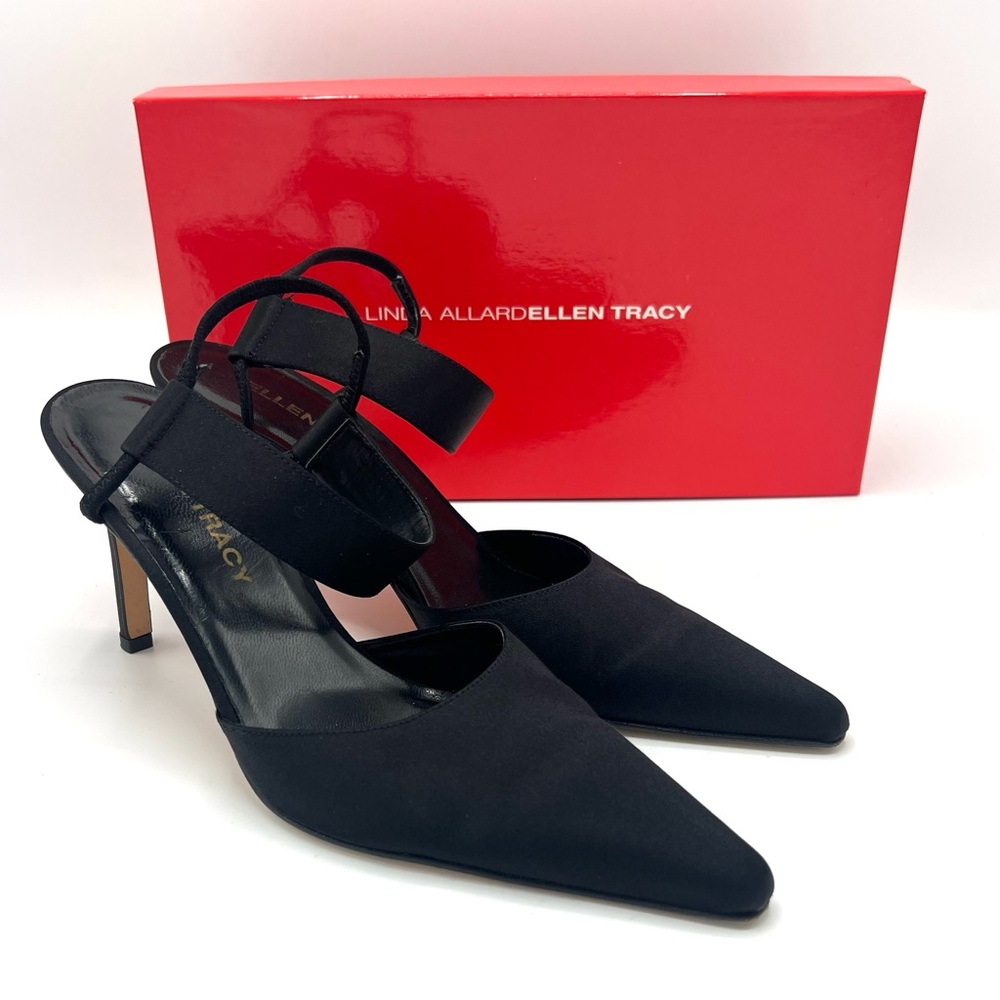 Linda Allard Ellen Tracy Salon Black Satin Heels with Ankle Strap, Size 7.5